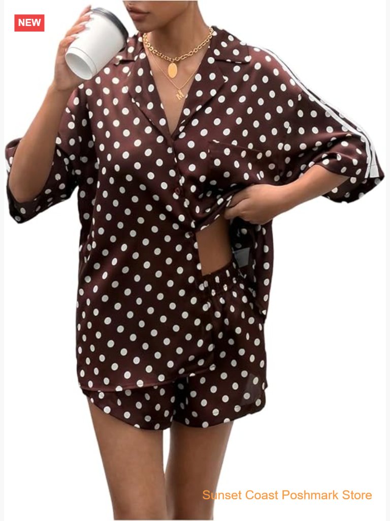 Women's 2 Piece Satin Polka Dots Matching Set Button Up Shirt With Shorts